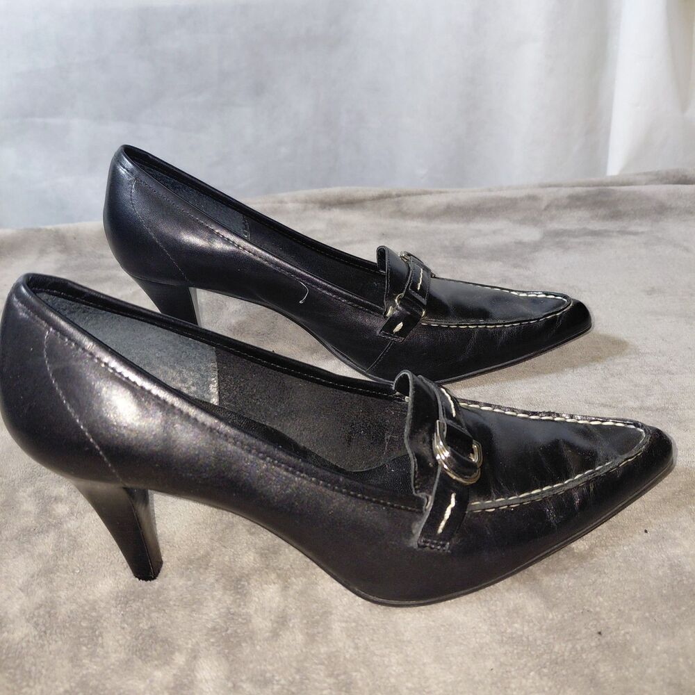 Franco Sarto Pump Heel Womens 8M Black Leather Pointed Toe High Stiletto Buckle - Picture 8 of 14